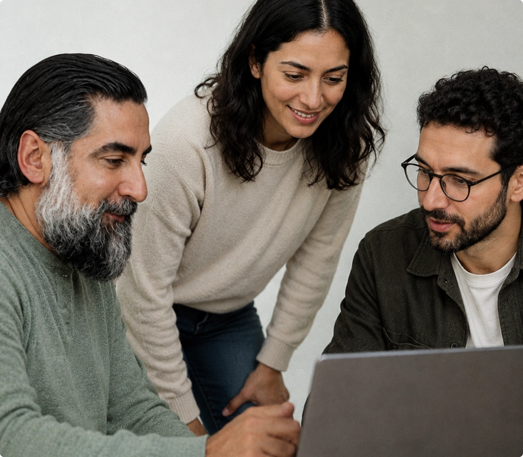 Team collaborating around a laptop